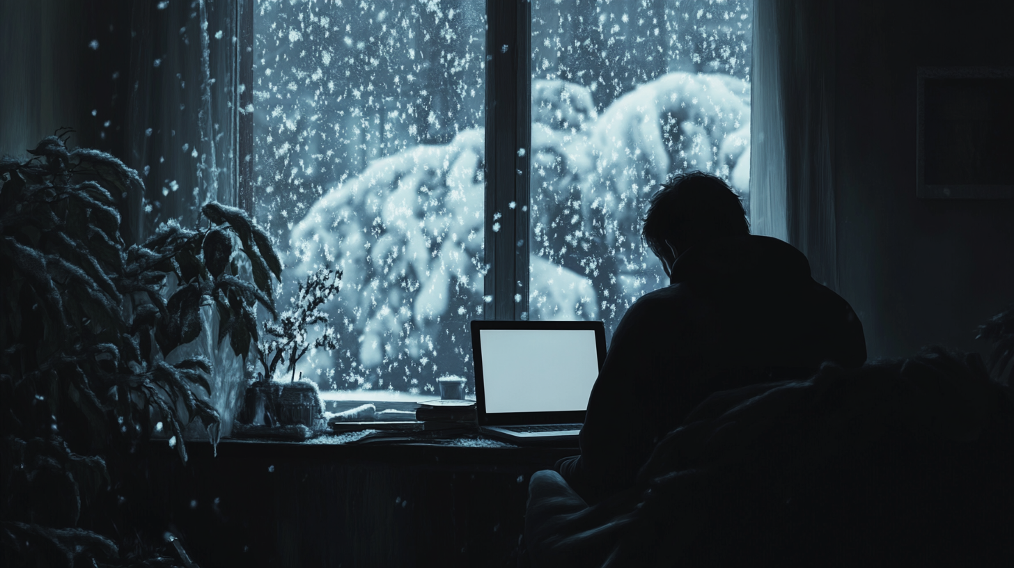 A lonely figure seated by a window, watching snow fall with a laptop open to a blank page.